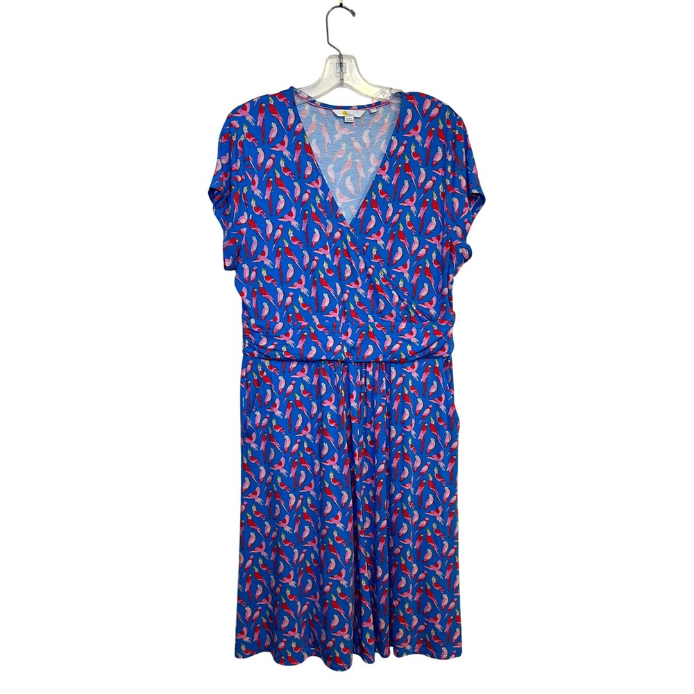 Boden Dress Faux Wrap Knee Length Short Sleeve Blue Pink Parrot Bird Print 14